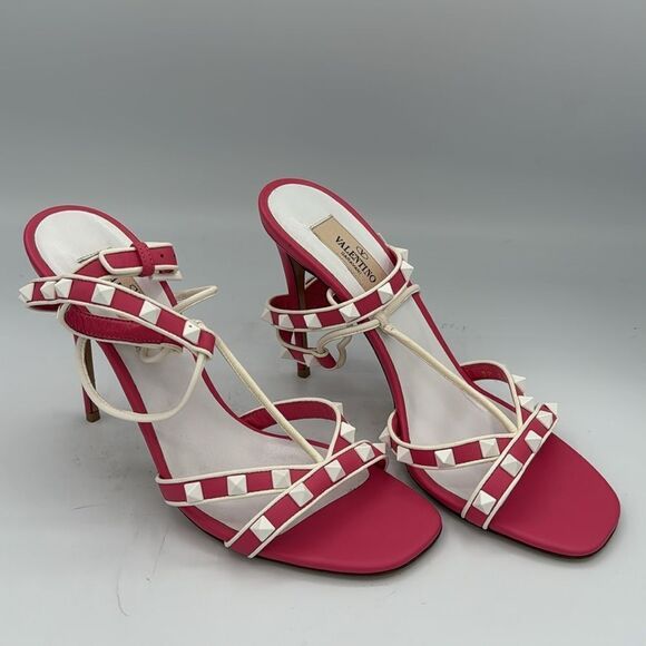 VALENTINO Free Rockstud Pink/White Leather Sandal EU 37.5/ US 7.5 - Picture 4 of 13
